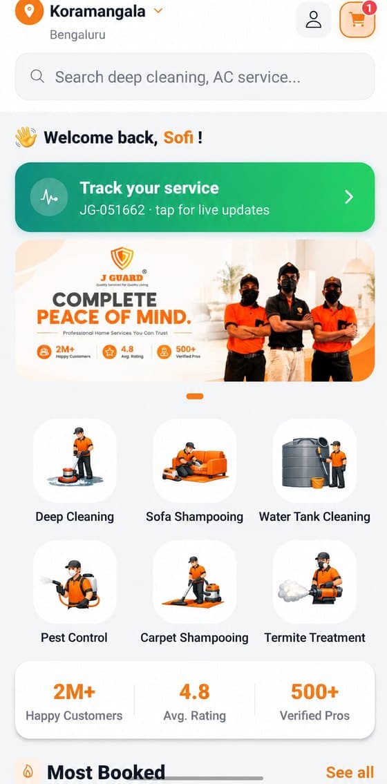 J-Guard app home screen showing services in Koramangala, Bengaluru